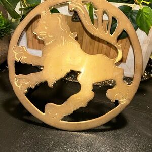 Vintage Brass Lion Trivet: English Teapot Kettle Stand Art Decor